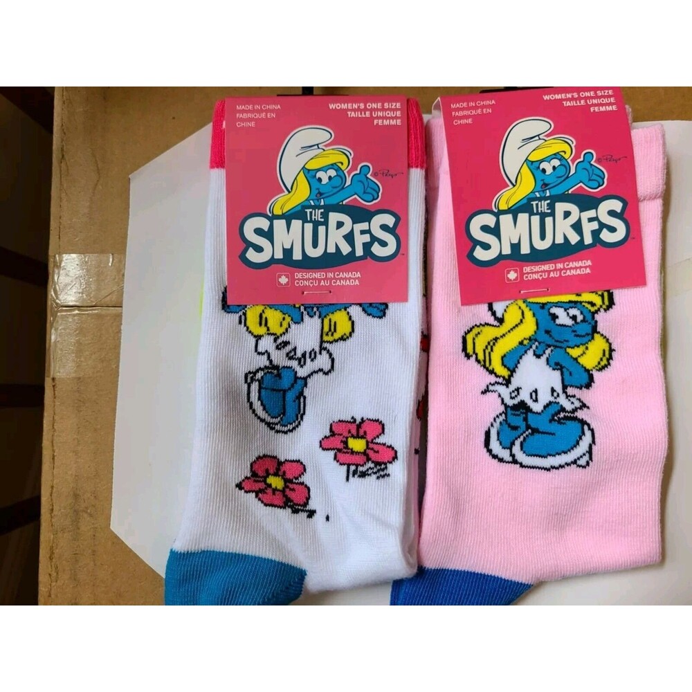 2 Smurfs Peyo 2024 Perri’s Smurfette Women's One Size Crew Socks Pink Green NWT